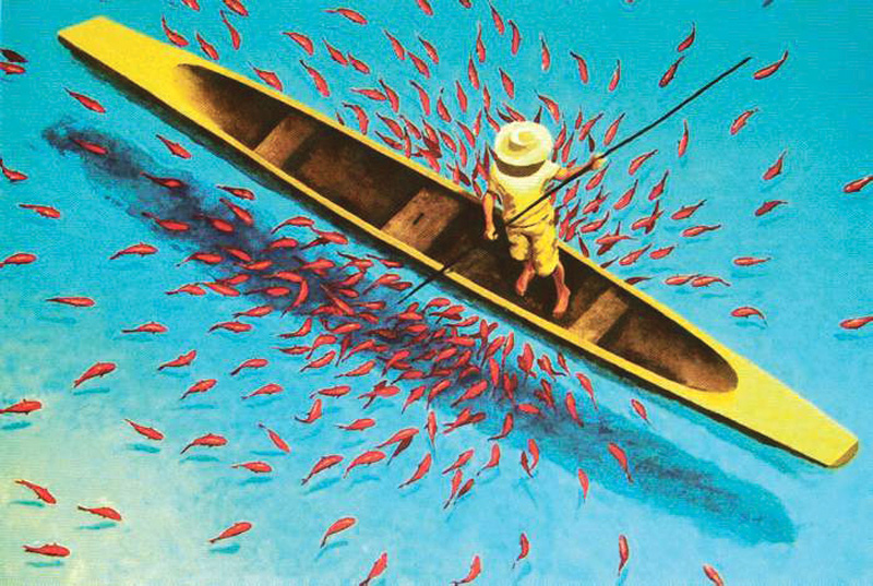 The saturated colors and vibrant motion of Ruiz's paintings reflect the biodiversity and richness of his home country.