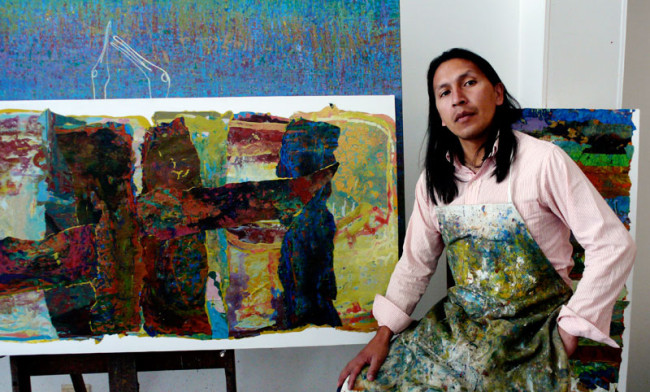 Colombian artist Kindi Llajtu creates emotional landscapes using layers of dried paint and a reference to ancestral cloths.