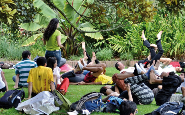 Yoga in the botanical gardens of Bogota.