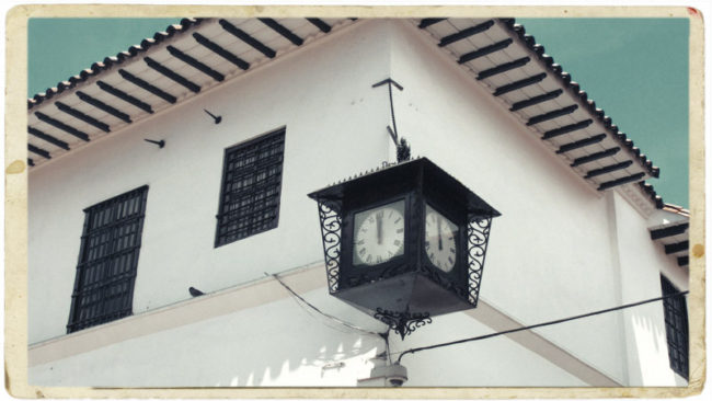 The Viennese style clock in front of the Old Mint, La Candelaria.