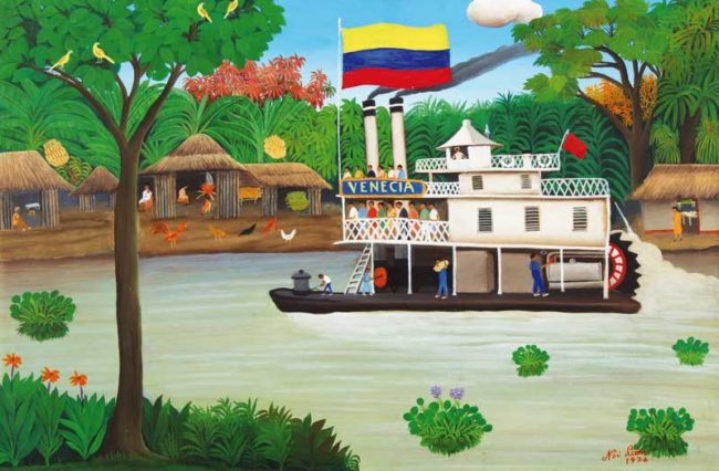 The primitivist painting Barco de Vapor by Noe León.