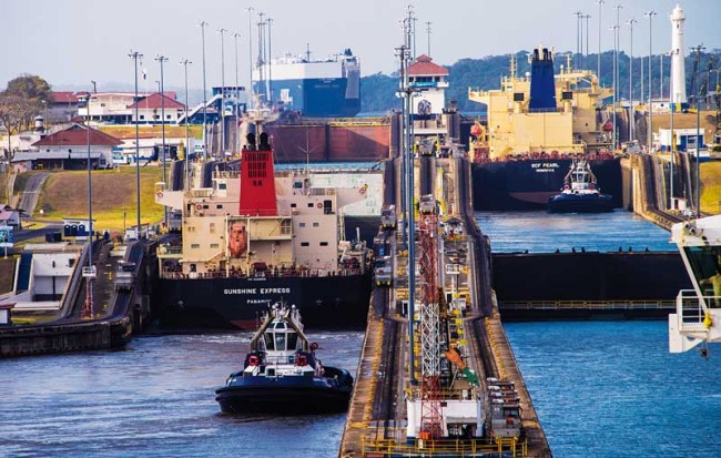 View of the Miraflores Locks of the Panama Canal.