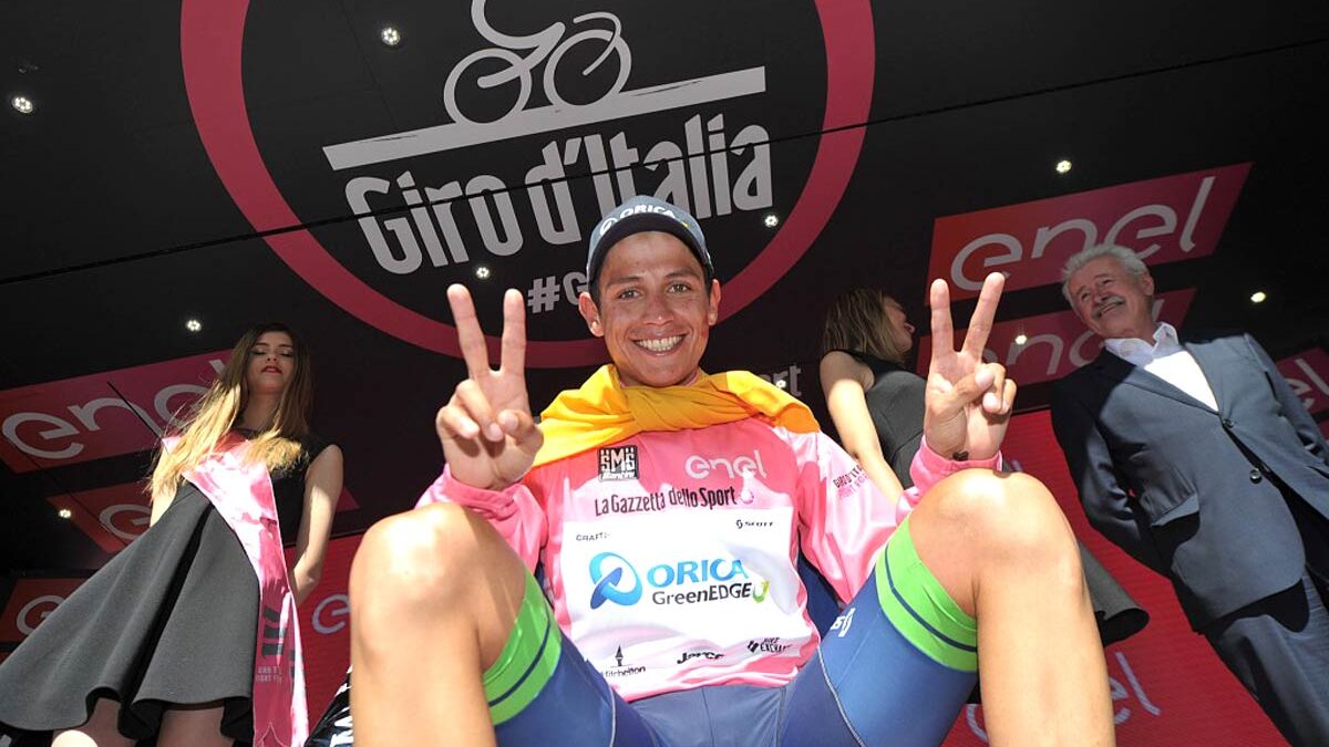 Colombia's Esteban Chaves smiles after taking the lead in the Giro d'Italia on Friday. Chaves finished the race in second place on Sunday.