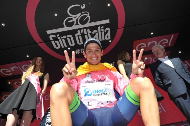 Colombia's Esteban Chaves smiles after taking the lead in the Giro d'Italia on Friday. Chaves finished the race in second place on Sunday.