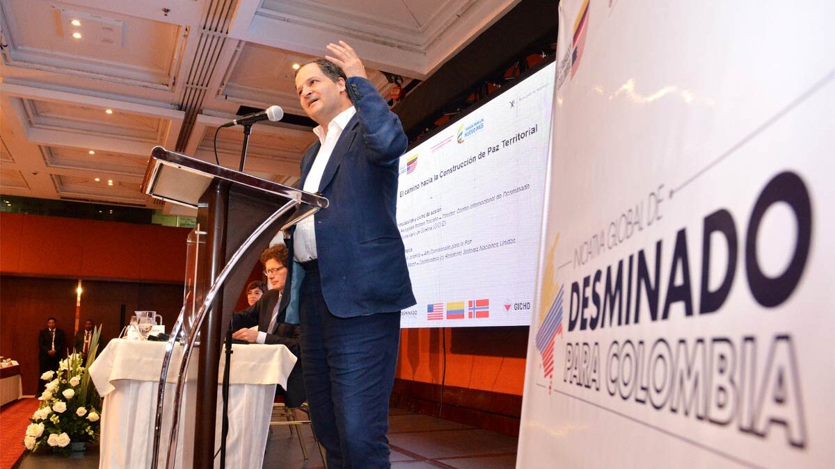 Colombia's High Commissioner for Peace Sergio Jaramillo speaks at a forum on demining.
