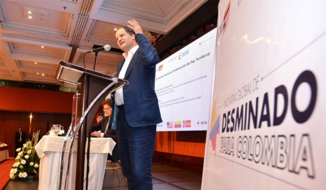 Colombia's High Commissioner for Peace Sergio Jaramillo speaks at a forum on demining.