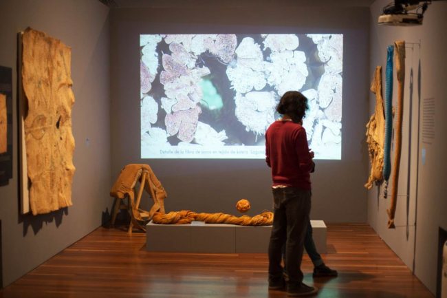 Visitors explore the Pura Fibra exhibition at Colombia's Museo Nacional.