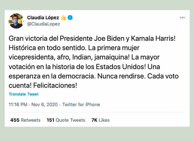 Bogotá’s Claudia López calls U.S election before final vote count
