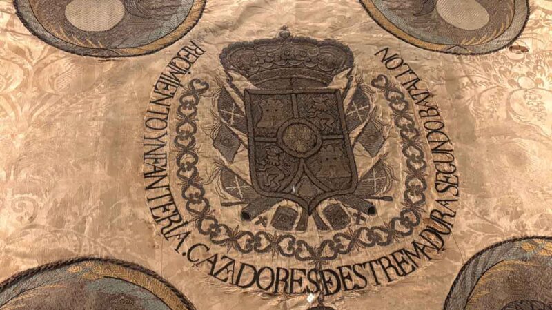 A Spanish Royalist flag of the Extremadura Batallion recovered by Republican troops. Photo: Richard Emblin