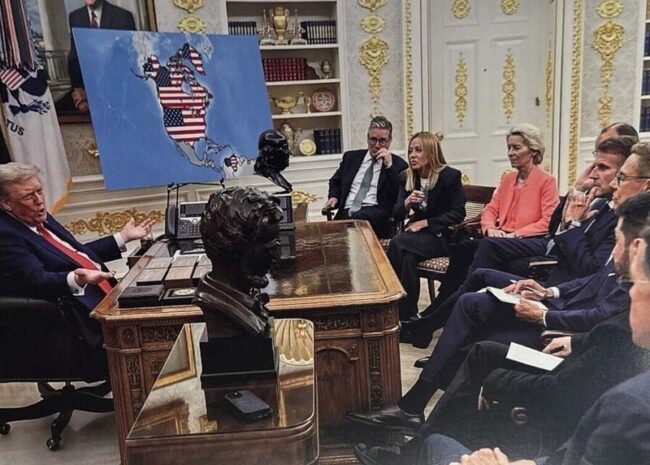 U.S President Donald Trump and his AI image of Canada, Venezuela and Greenland with the U.S flag. Photo: Truth Social