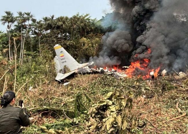 The FAC1016 Hercules crashed in a remote area of the Putumayo department in southeast Colombia. Photo: FAC