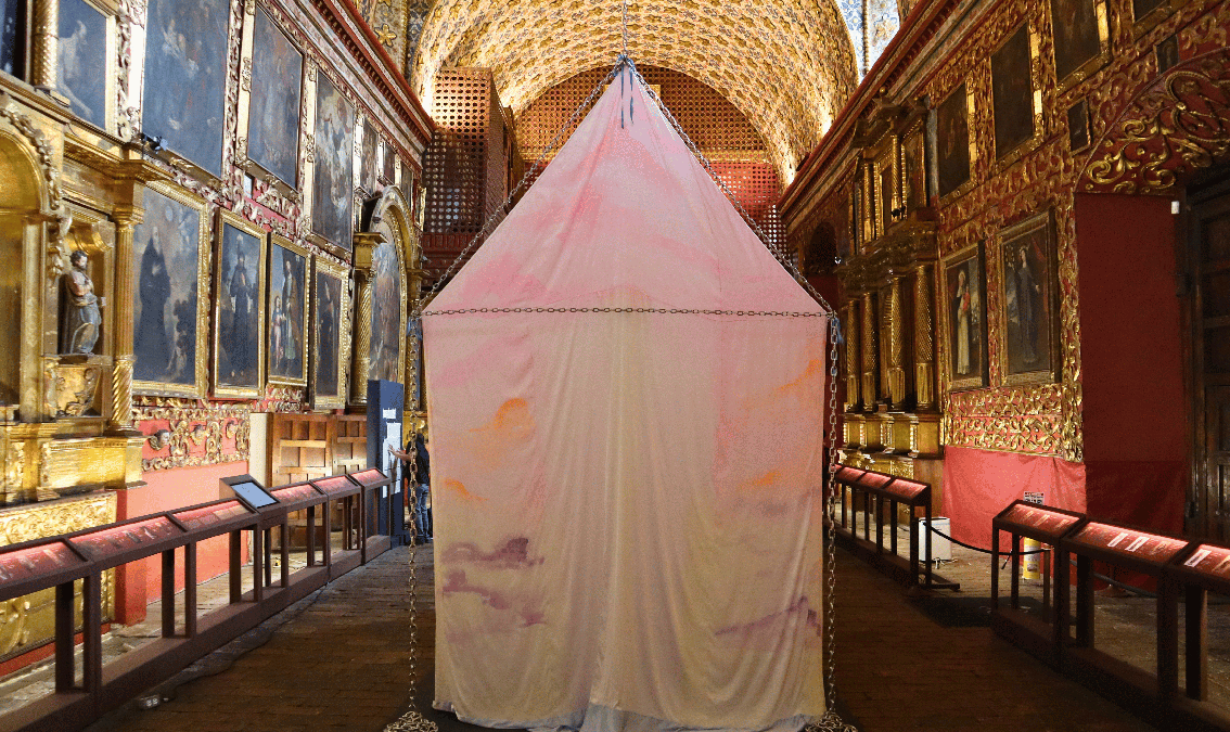 At Museo Santa Clara, visual artist David Felipe Escobar reactivates colonial angelic iconography through queer embodiment. Photo: Museo Santa Clara