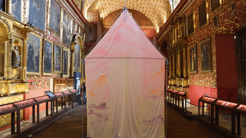 At Museo Santa Clara, visual artist David Felipe Escobar reactivates colonial angelic iconography through queer embodiment. Photo: Museo Santa Clara