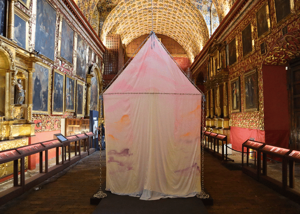 At Museo Santa Clara, visual artist David Felipe Escobar reactivates colonial angelic iconography through queer embodiment. Photo: Museo Santa Clara